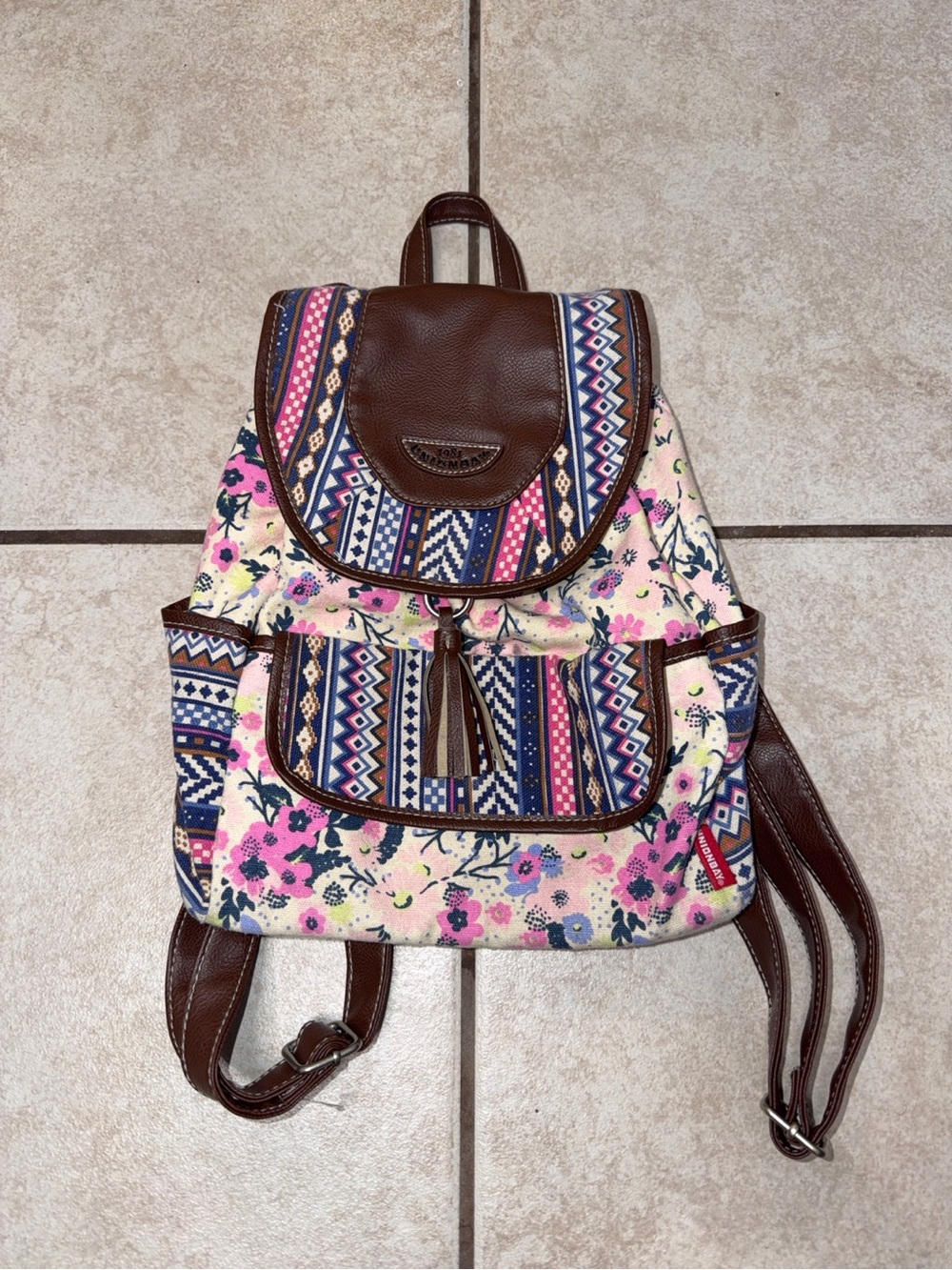 UNIONBAY 1981 Boho Floral Geometric Canvas Backpack Brown